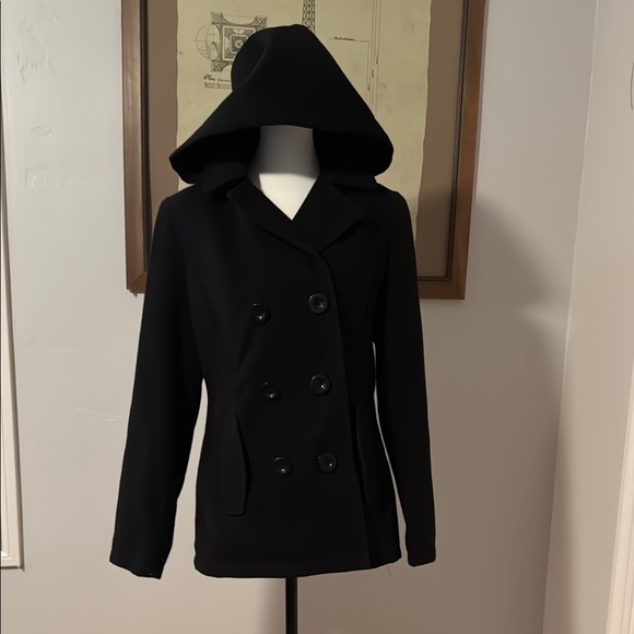 Black Double-Breasted Pea Coat with Wide Collar - Picture 4 of 9